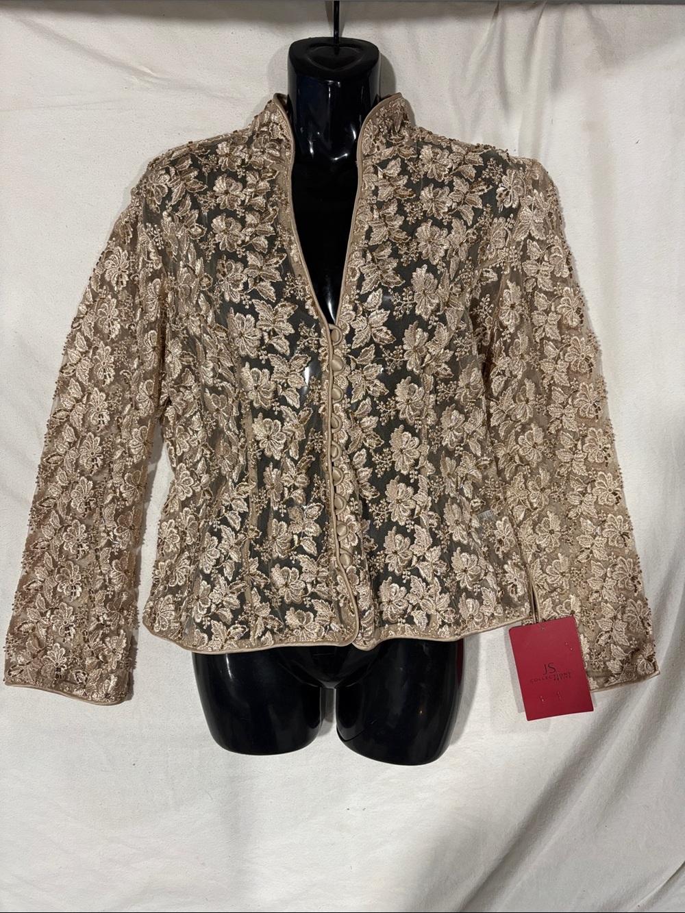 NWT JS Collections Taupe Champagne Beaded Embroidered Floral Lace Jacket - 12P